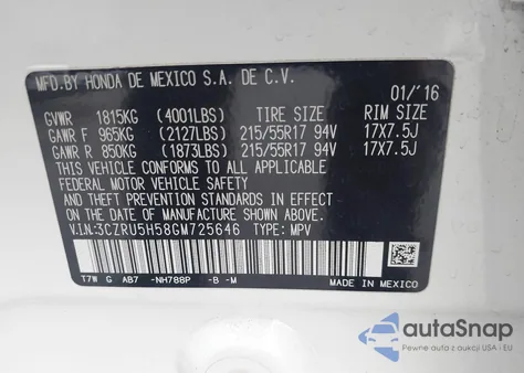 2016 Honda Hr-V Ex from USA, damaged, VIN 3CZRU5H58GM725646